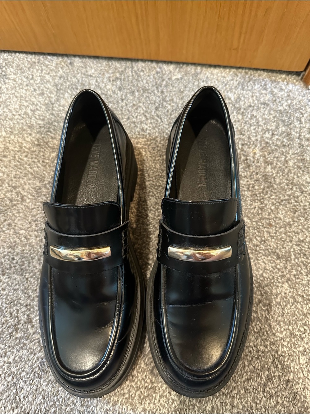 Steve Madden Black Leather Slip-On Loafers with Silver Bar
